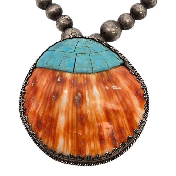 Native American M Begay Sterling Silver Spiny Oyster Necklace #20842 - Picture 3 of 10